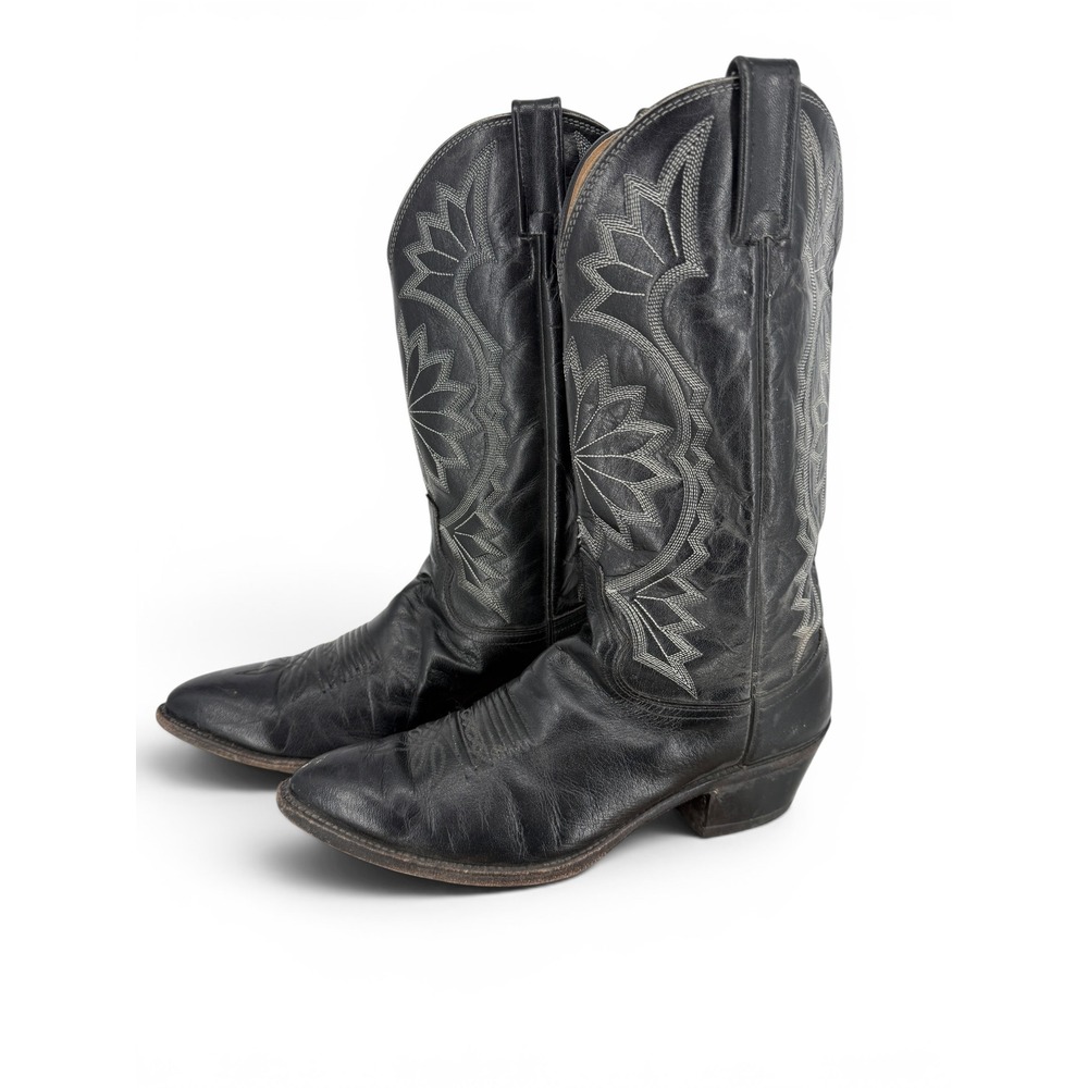 Dan Post Vintage 90s Cowboy Western Boots Sunburst USA 10.5D Black Leather USA